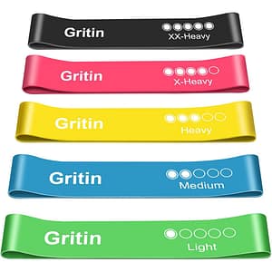 Lot de 5 bandes élastiques de sport Gritin de différentes couleurs pour fitness.