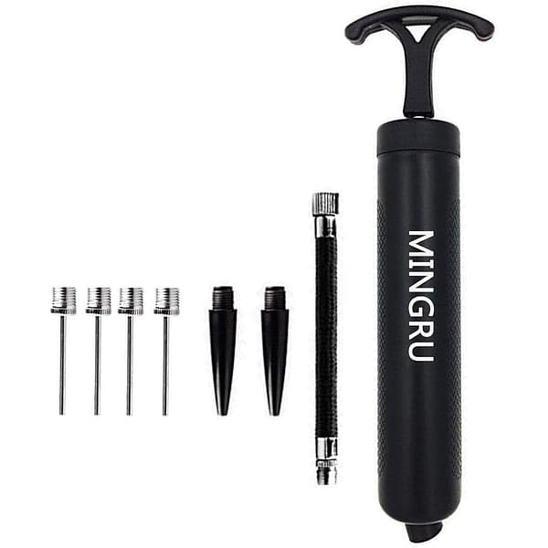 pompe_1 Pompe à ballon manuelle MINGRU noire avec tuyau flexible et aiguilles de rechange.