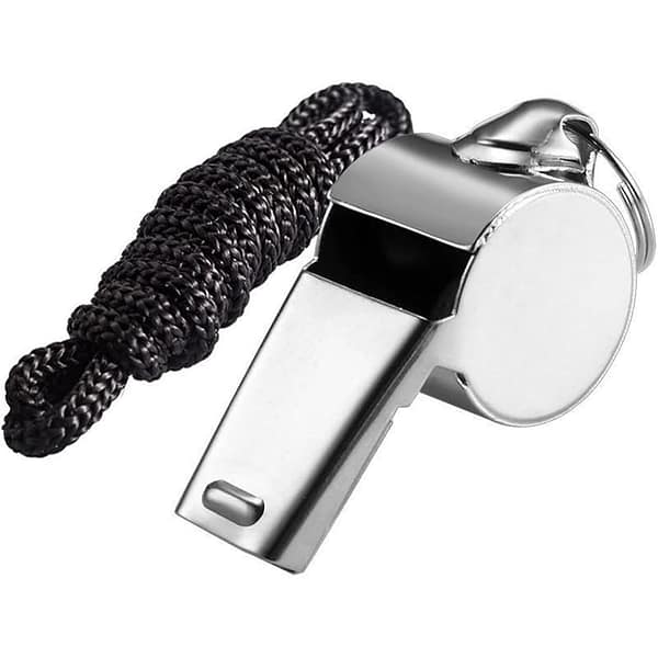 sifflet_1 Sifflet de sport professionnel en acier inoxydable avec cordon ajustable.